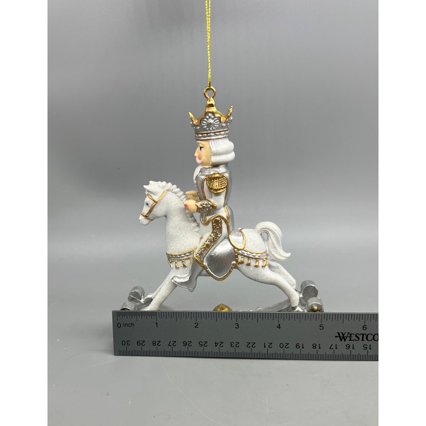 Royal White & Gold Rocking Horse Christmas Ornament  Hand-Decorated Resin  7"x4" Hanging Decoration With Glitter & Crown Detail