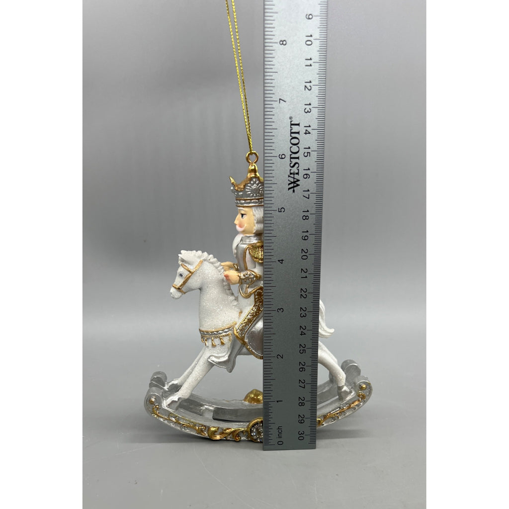 Royal White & Gold Rocking Horse Christmas Ornament  Hand-Decorated Resin  7"x4" Hanging Decoration With Glitter & Crown Detail