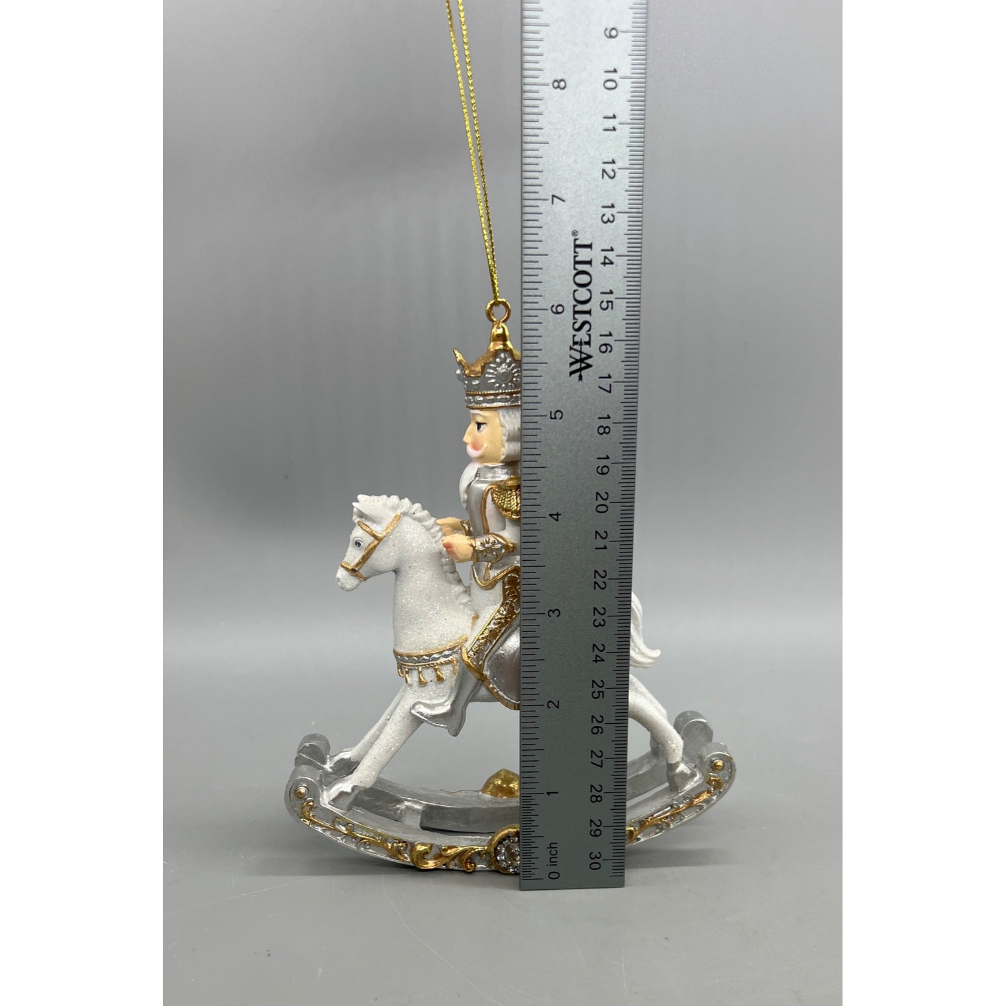 Royal White & Gold Rocking Horse Christmas Ornament  Hand-Decorated Resin  7"x4" Hanging Decoration With Glitter & Crown Detail