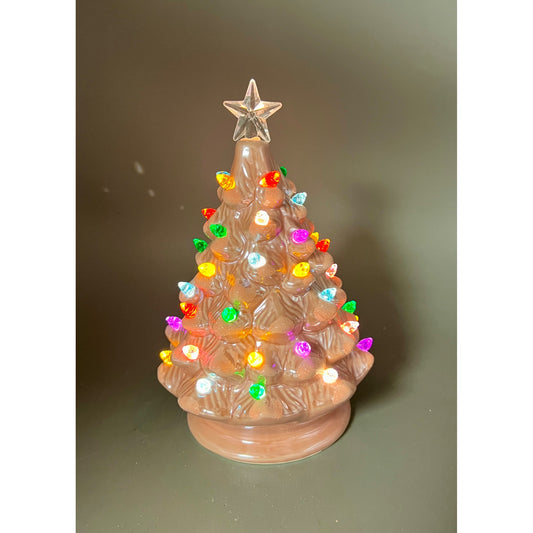 Pink Ceramic Retro Lighted Christmas Tree With Multicolor Lights & Clear Star Topper 8” Battery Operated Hand Decorated