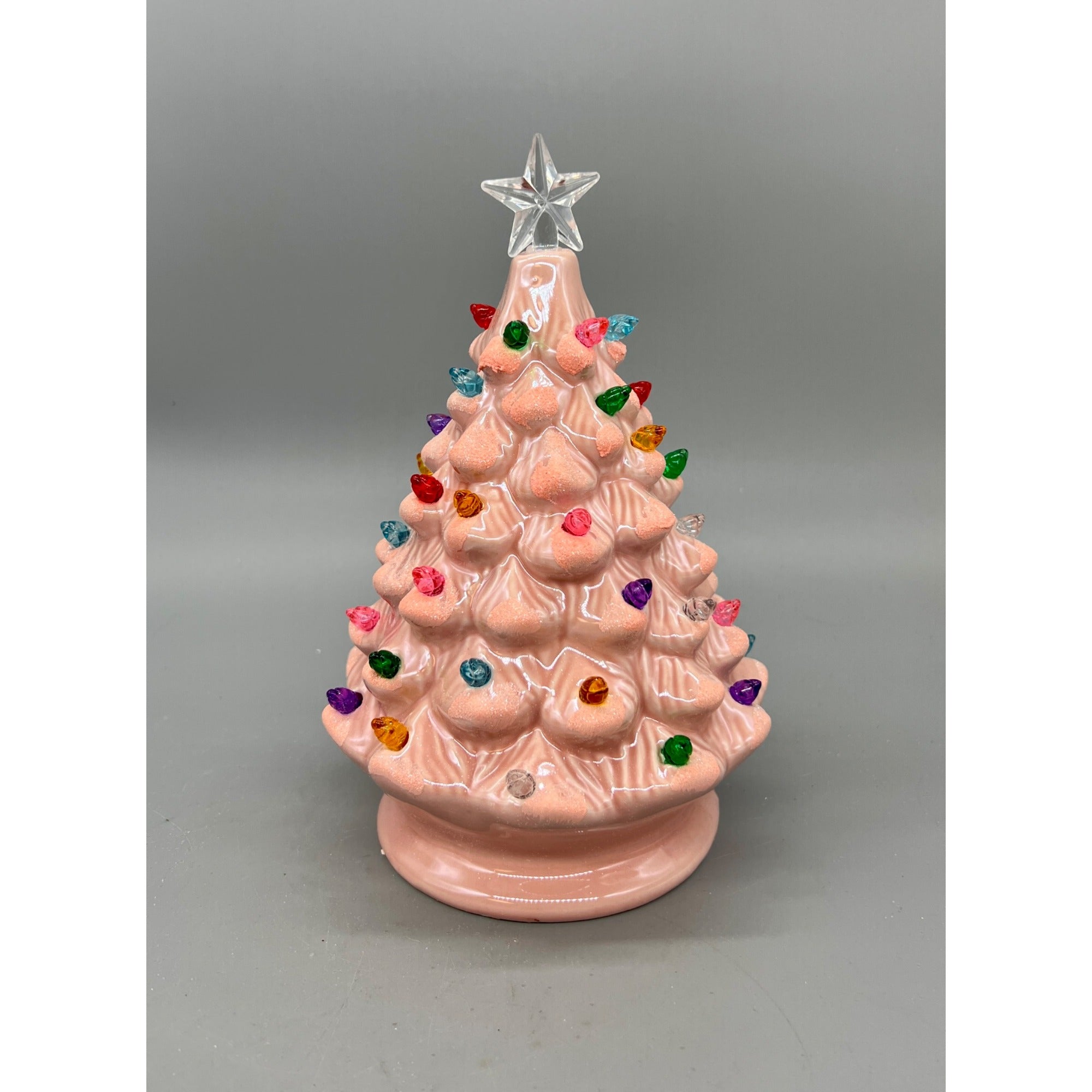 Pink Ceramic Retro Lighted Christmas Tree With Multicolor Lights & Clear Star Topper 8” Battery Operated Hand Decorated