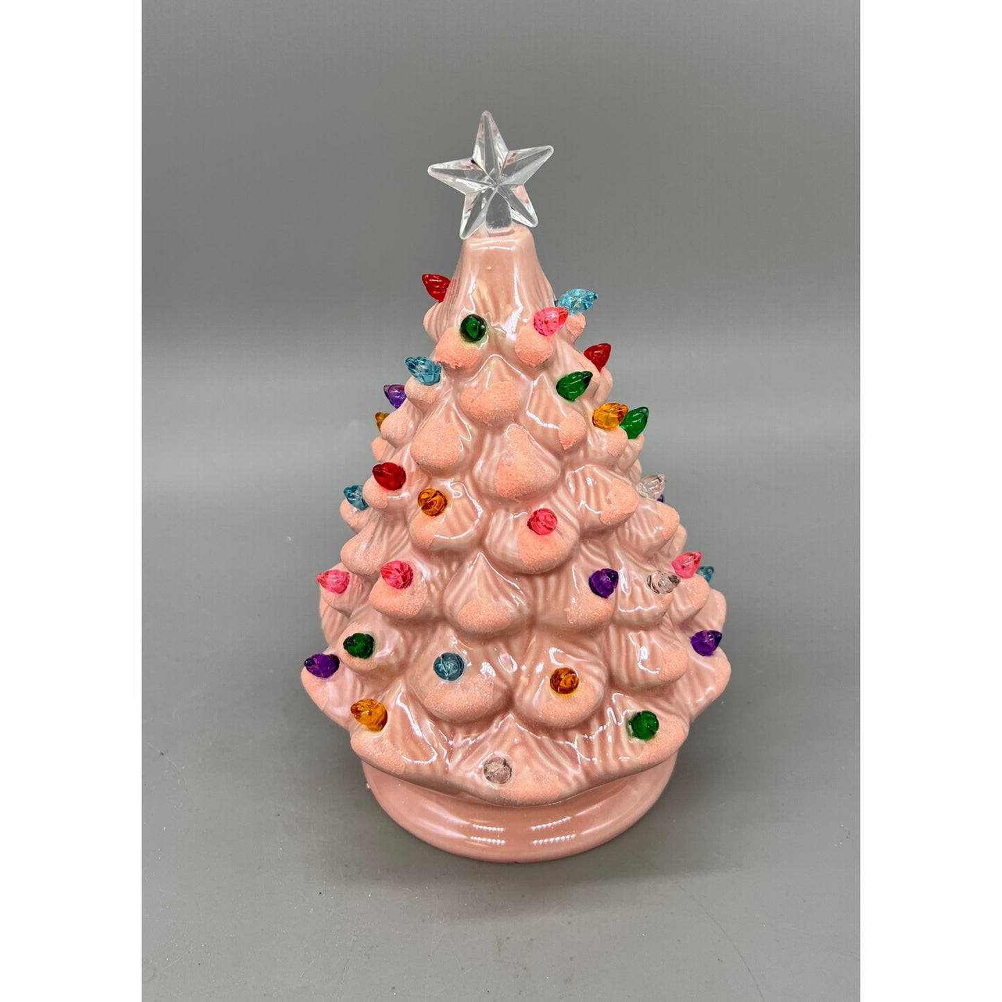 Pink Ceramic Retro Lighted Christmas Tree With Multicolor Lights & Clear Star Topper 8” Battery Operated Hand Decorated