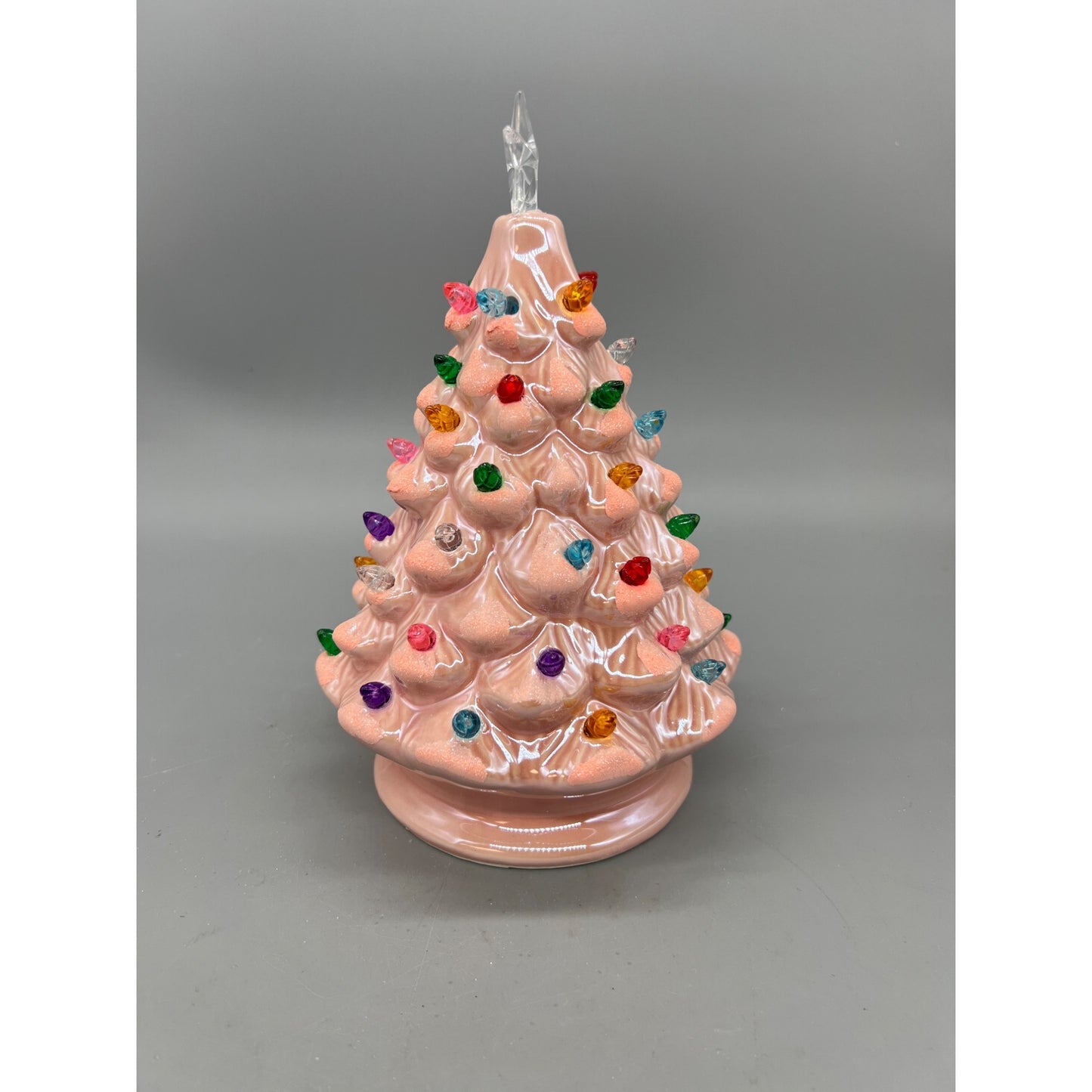 Pink Ceramic Retro Lighted Christmas Tree With Multicolor Lights & Clear Star Topper 8” Battery Operated Hand Decorated