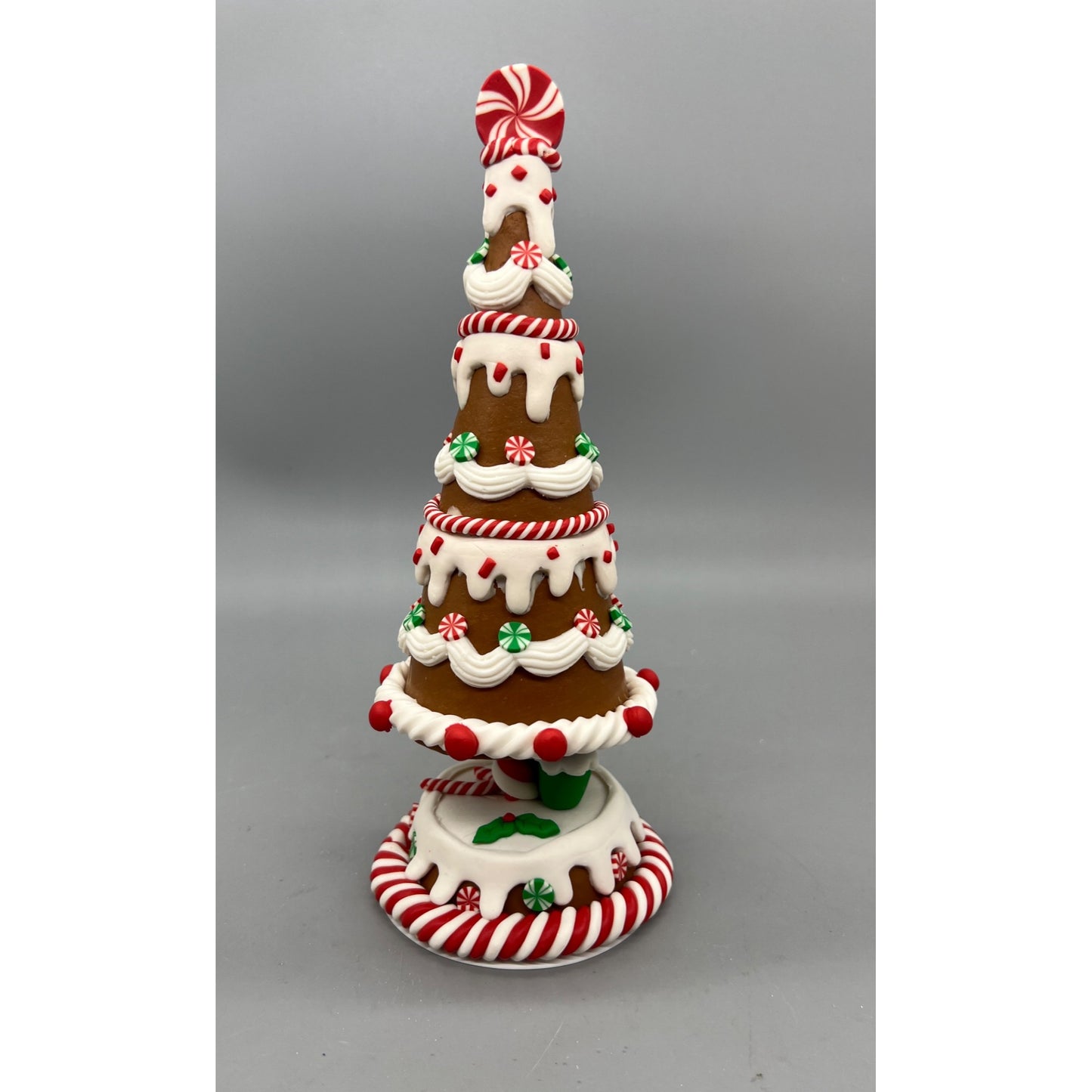 Gingerbread Tree Decoration With Candy Cane & Peppermint Accents 9.5” Hand Decorated
