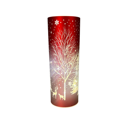 Red Laser Engraved Winter Scene LED Cylinder 8" With Deer & Trees Battery Operated Holiday Decor Accent Piece