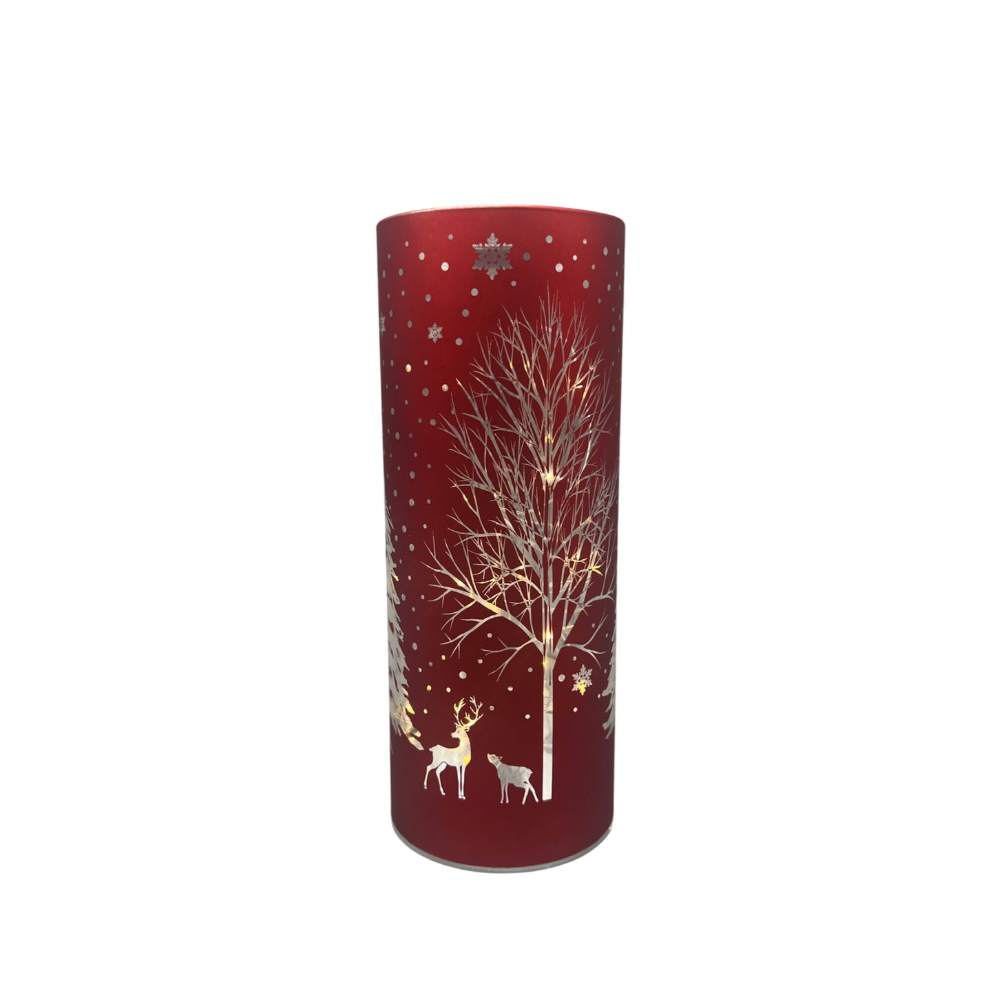 Red Laser Engraved Winter Scene LED Cylinder 8" With Deer & Trees Battery Operated Holiday Decor Accent Piece