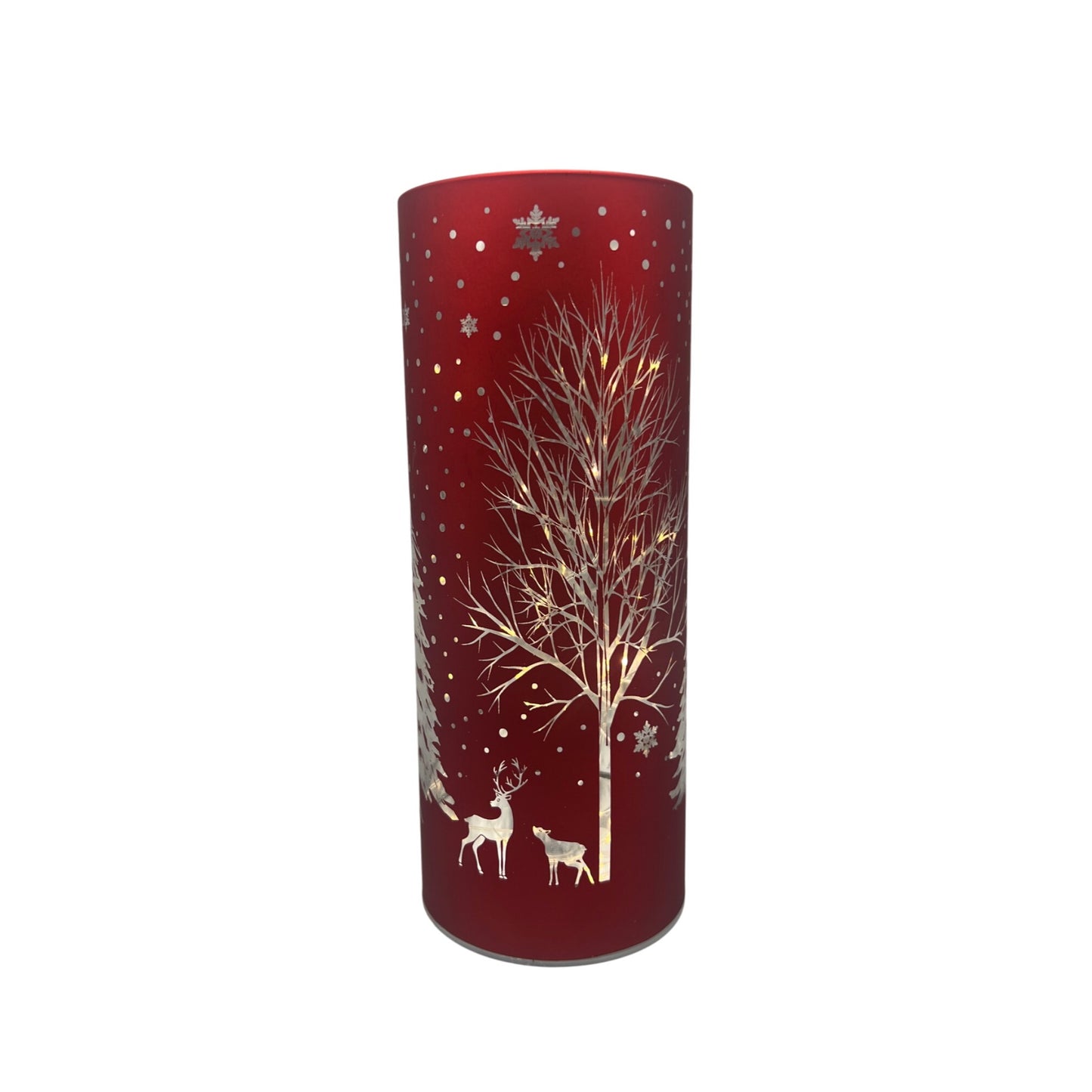 Red Laser Engraved Winter Scene LED Cylinder 8" With Deer & Trees Battery Operated Holiday Decor Accent Piece