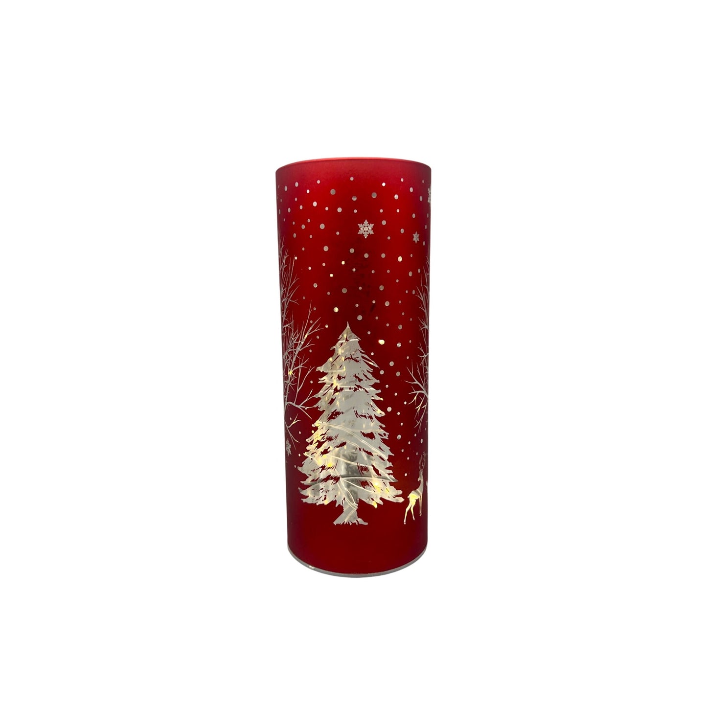 Red Laser Engraved Winter Scene LED Cylinder 8" With Deer & Trees Battery Operated Holiday Decor Accent Piece
