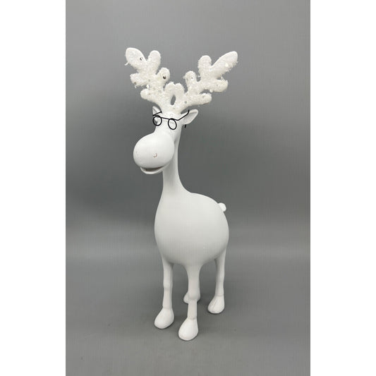 12" White Moose Figurine With Glasses & Glitter Antlers Hand Decorated