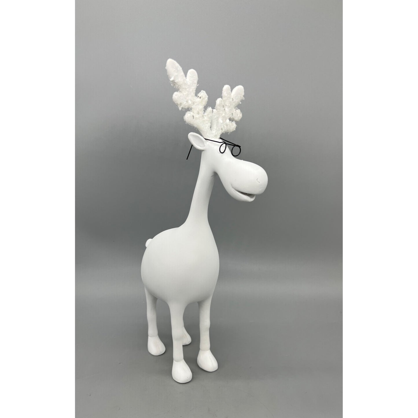 12" White Moose Figurine With Glasses & Glitter Antlers Hand Decorated