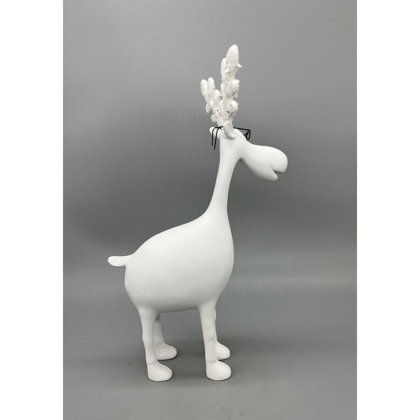 12" White Moose Figurine With Glasses & Glitter Antlers Hand Decorated