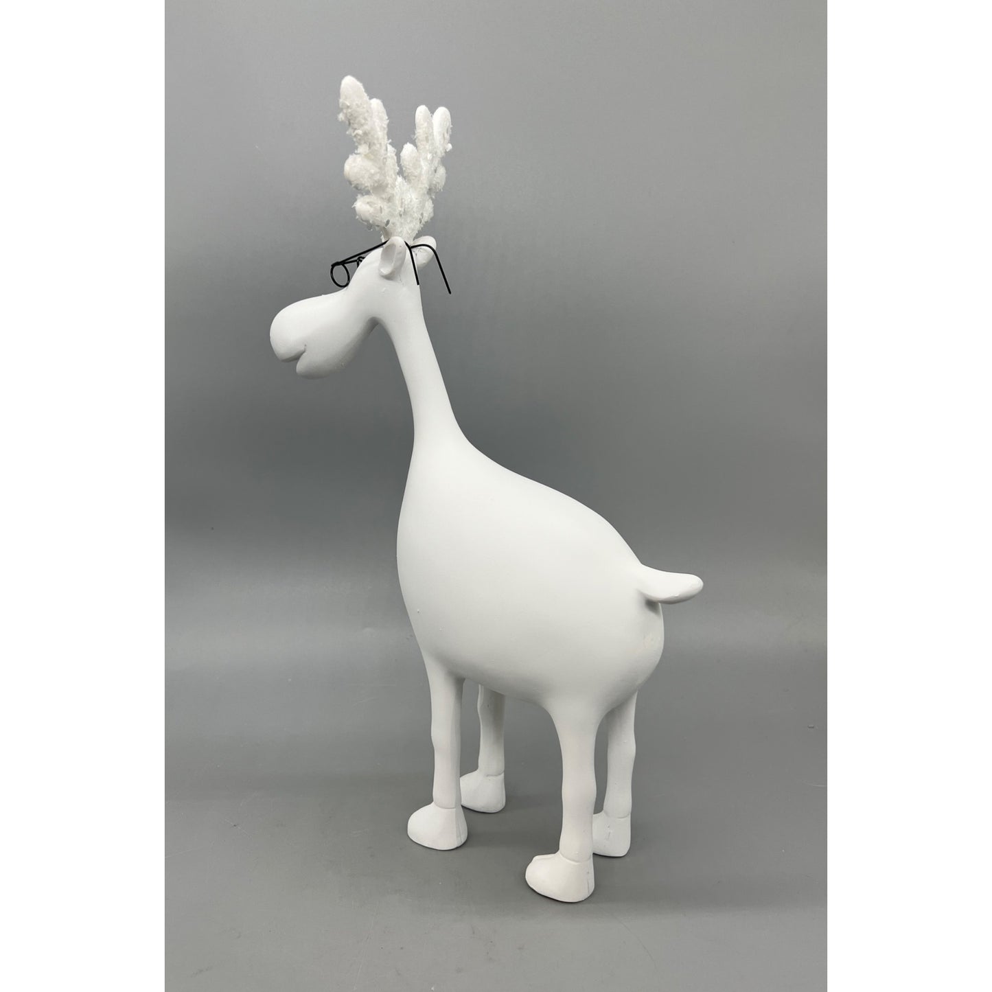 12" White Moose Figurine With Glasses & Glitter Antlers Hand Decorated