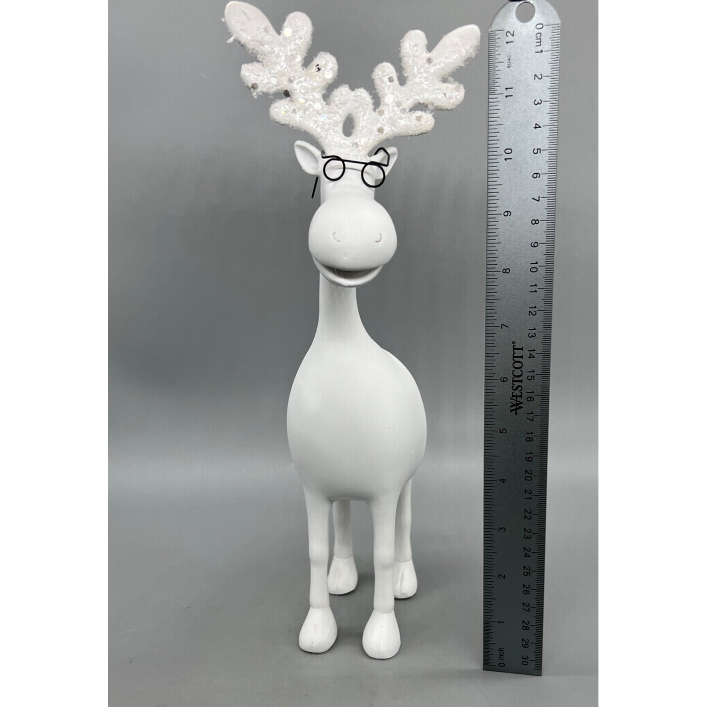 12" White Moose Figurine With Glasses & Glitter Antlers Hand Decorated