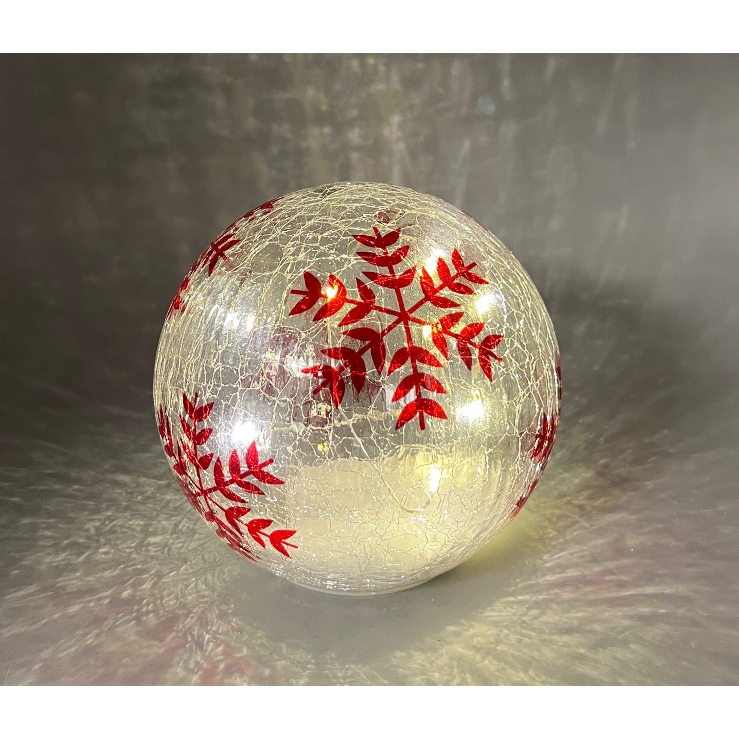 Hand-Painted Red Snowflake LED Crackle Glass Sphere Decoration 5.5”