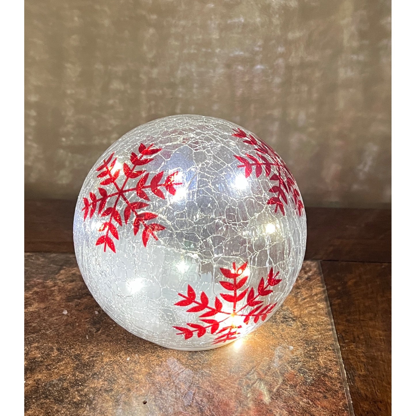 Hand-Painted Red Snowflake LED Crackle Glass Sphere Decoration 5.5”