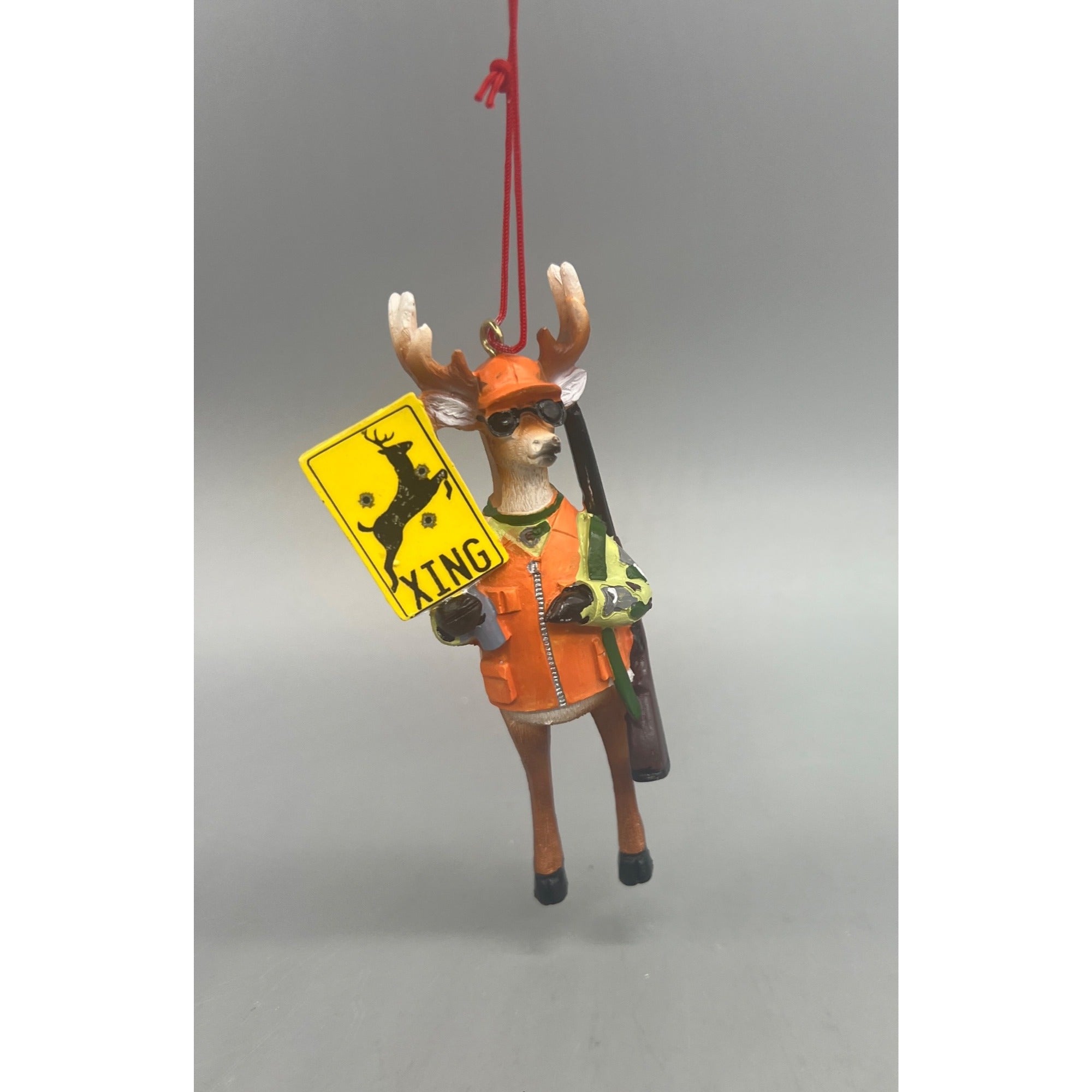 Hand Painted Kurt Adler Hunter Deer Ornament – Whitetail Buck with Rifle & Deer Crossing Sign