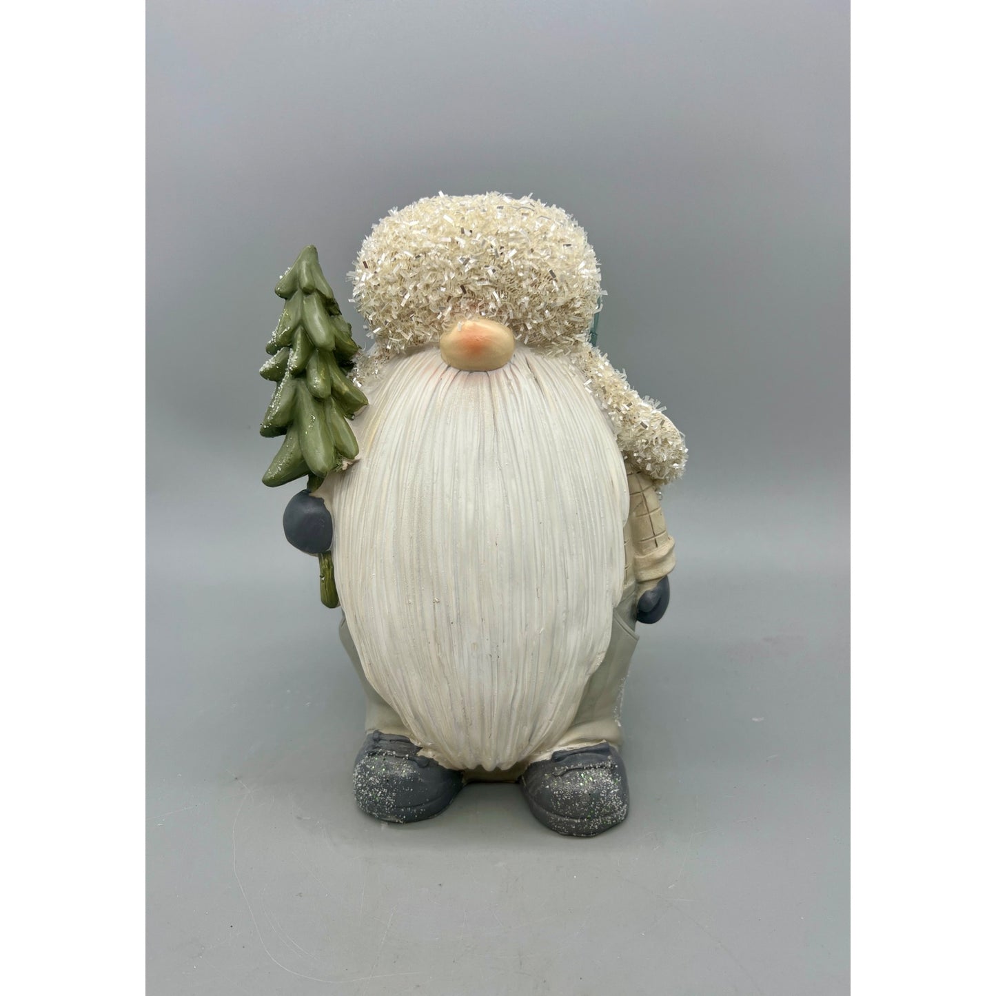 Snowy Winter Gnome Figurine With Tree 8" Tall Hand-Painted Resin Holiday Decor