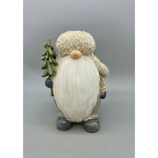 Snowy Winter Gnome Figurine With Tree 8" Tall Hand-Painted Resin Holiday Decor