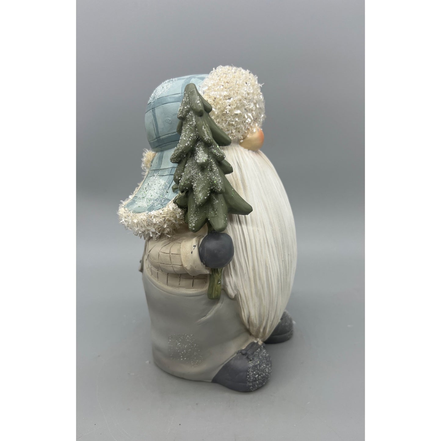 Snowy Winter Gnome Figurine With Tree 8" Tall Hand-Painted Resin Holiday Decor