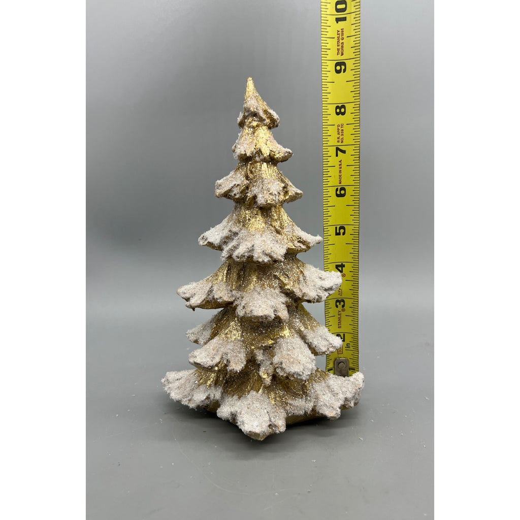 Glittery Gold & White Snow-Dusted Decorative Christmas Tree Figurine - 9" Tall