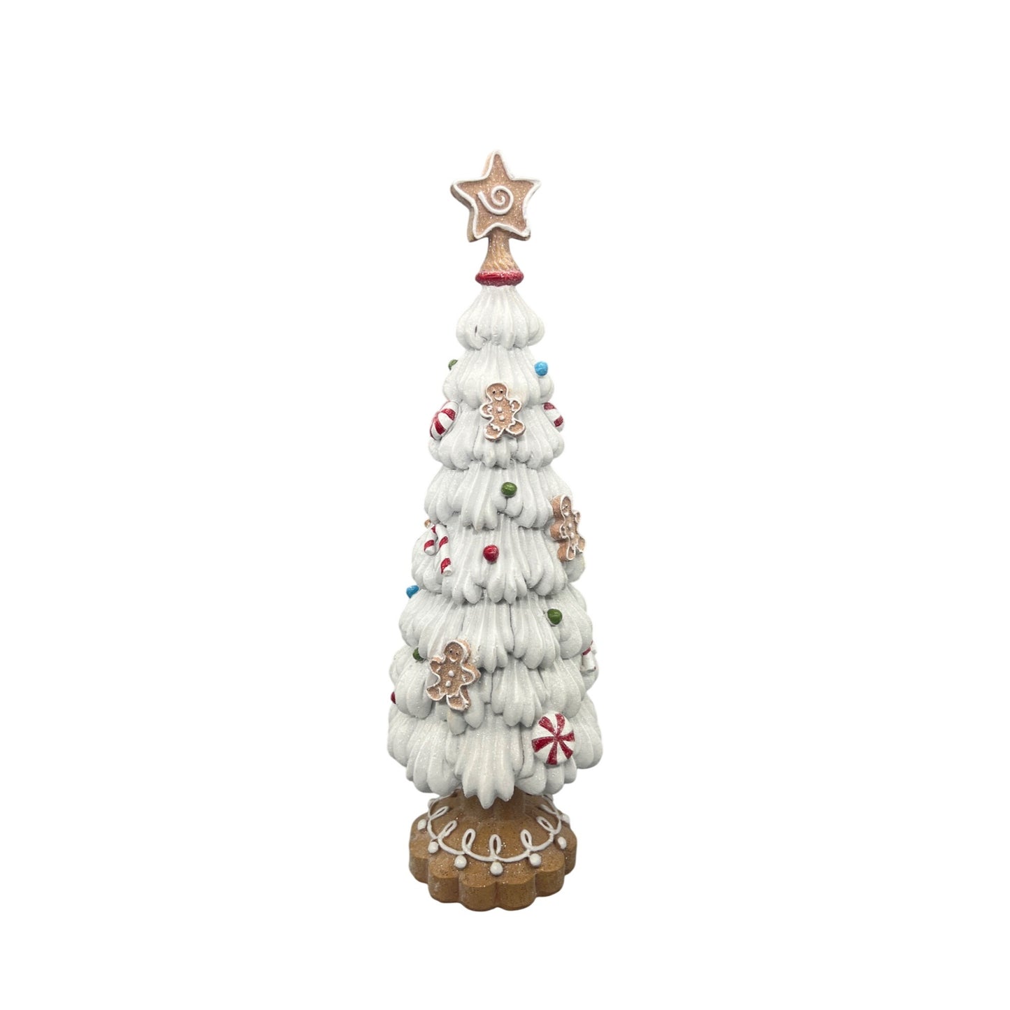 Gingerbread-Themed White Christmas Tree Decoration With Peppermint Accents & Star Topper - 15" Tall