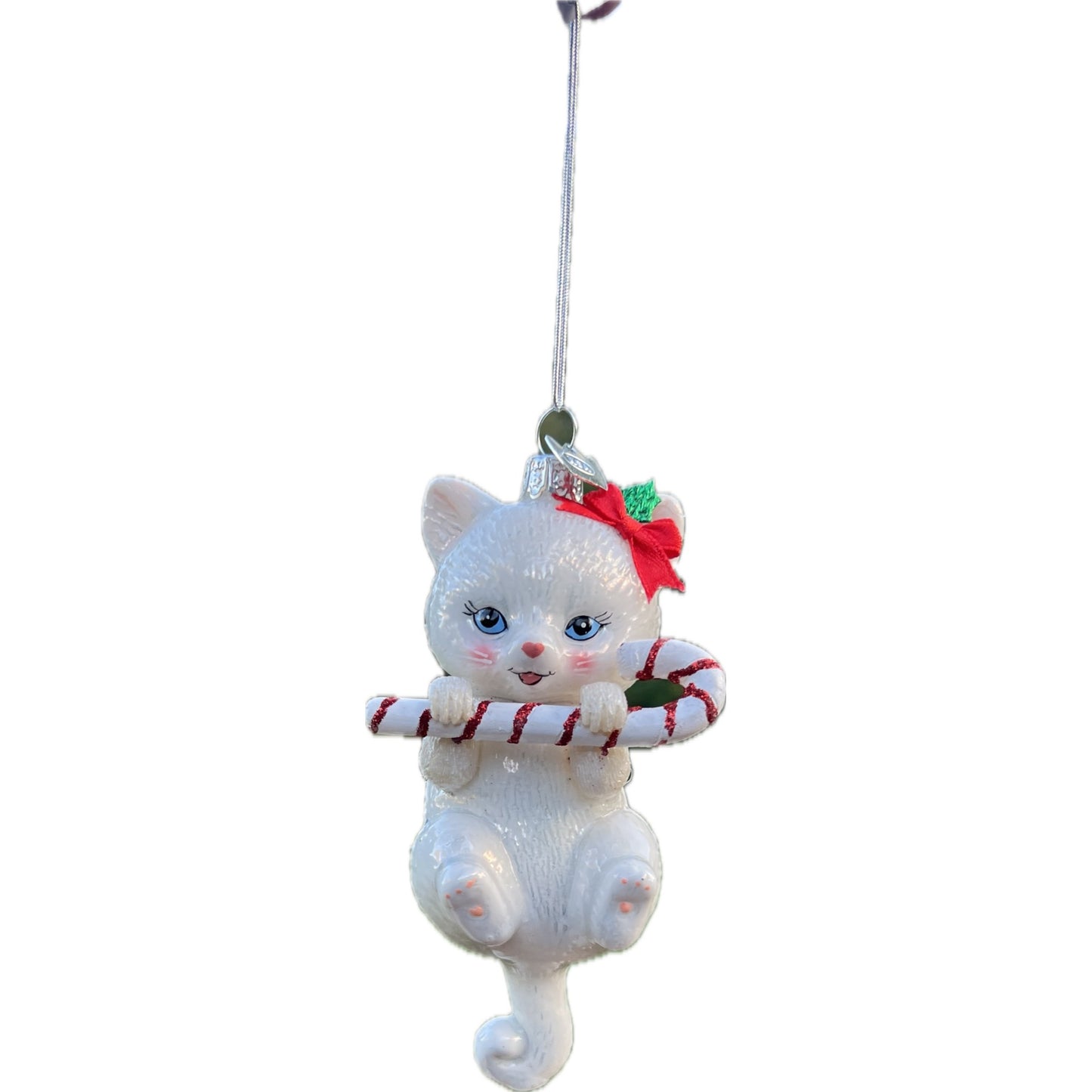 Kurt Adler Noble Gems 5" White Cat With Candy Cane Glass Christmas Ornament