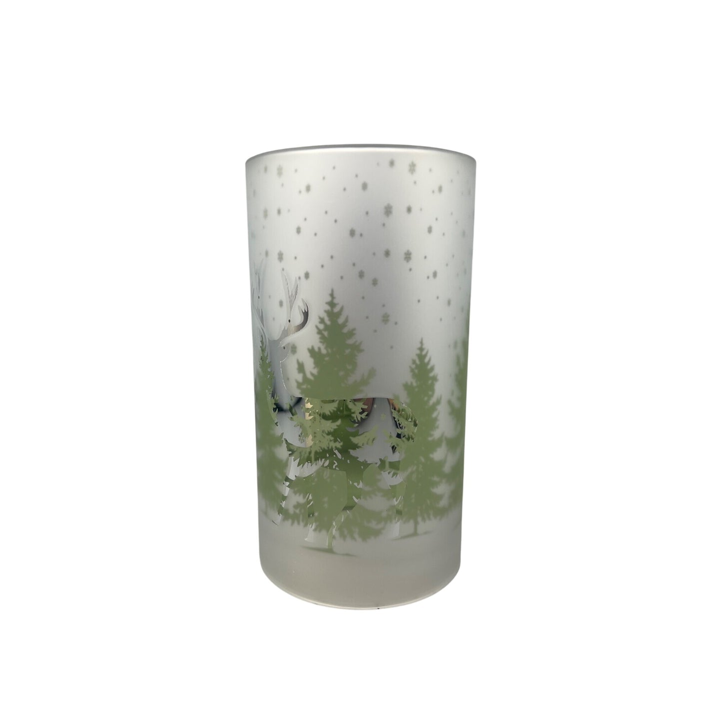 Frosted Glass Winter Scene Deer Candle Sleeve 7.75" White & Green Snowy Forest Design Home Décor