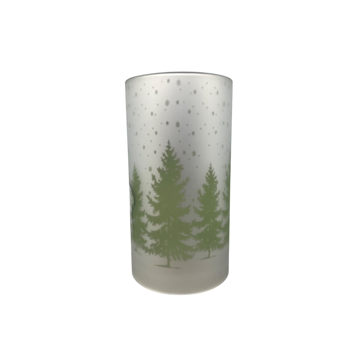 Frosted Glass Winter Scene Deer Candle Sleeve 7.75" White & Green Snowy Forest Design Home Décor