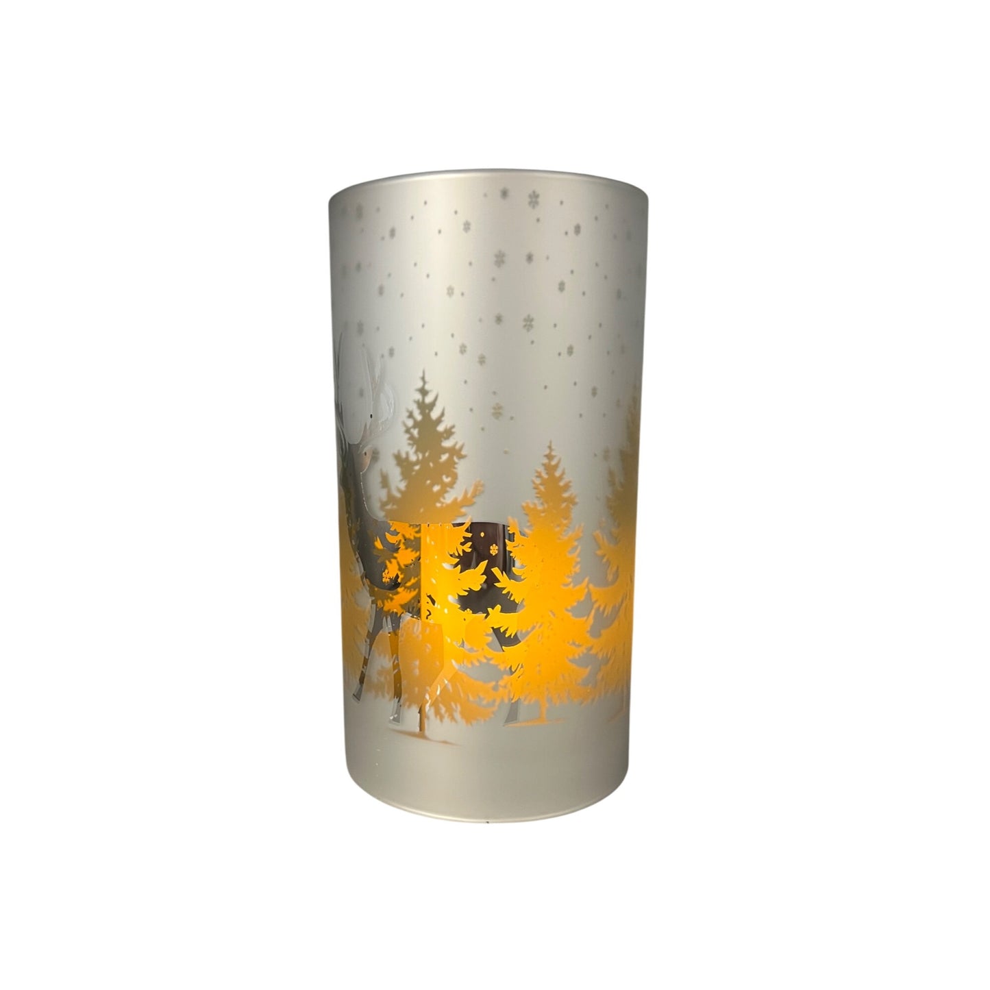 Frosted Glass Winter Scene Deer Candle Sleeve 7.75" White & Green Snowy Forest Design Home Décor