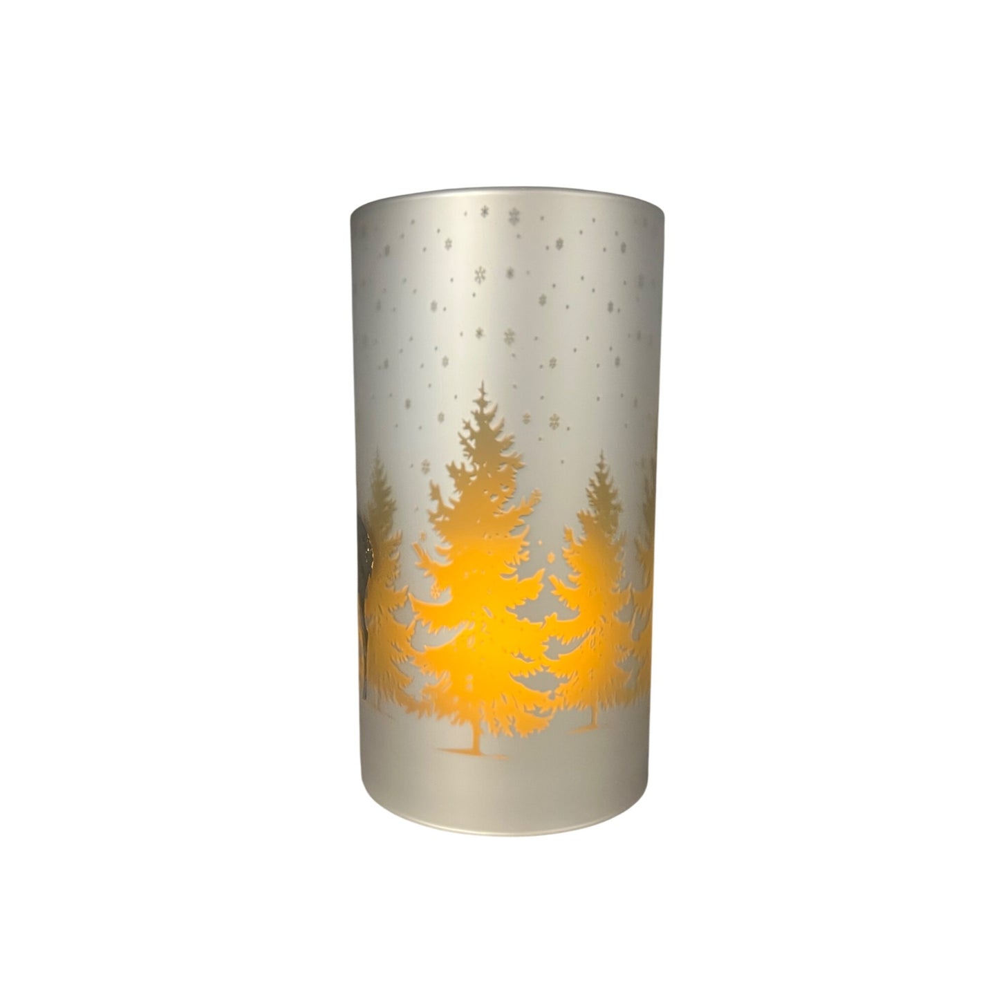 Frosted Glass Winter Scene Deer Candle Sleeve 7.75" White & Green Snowy Forest Design Home Décor