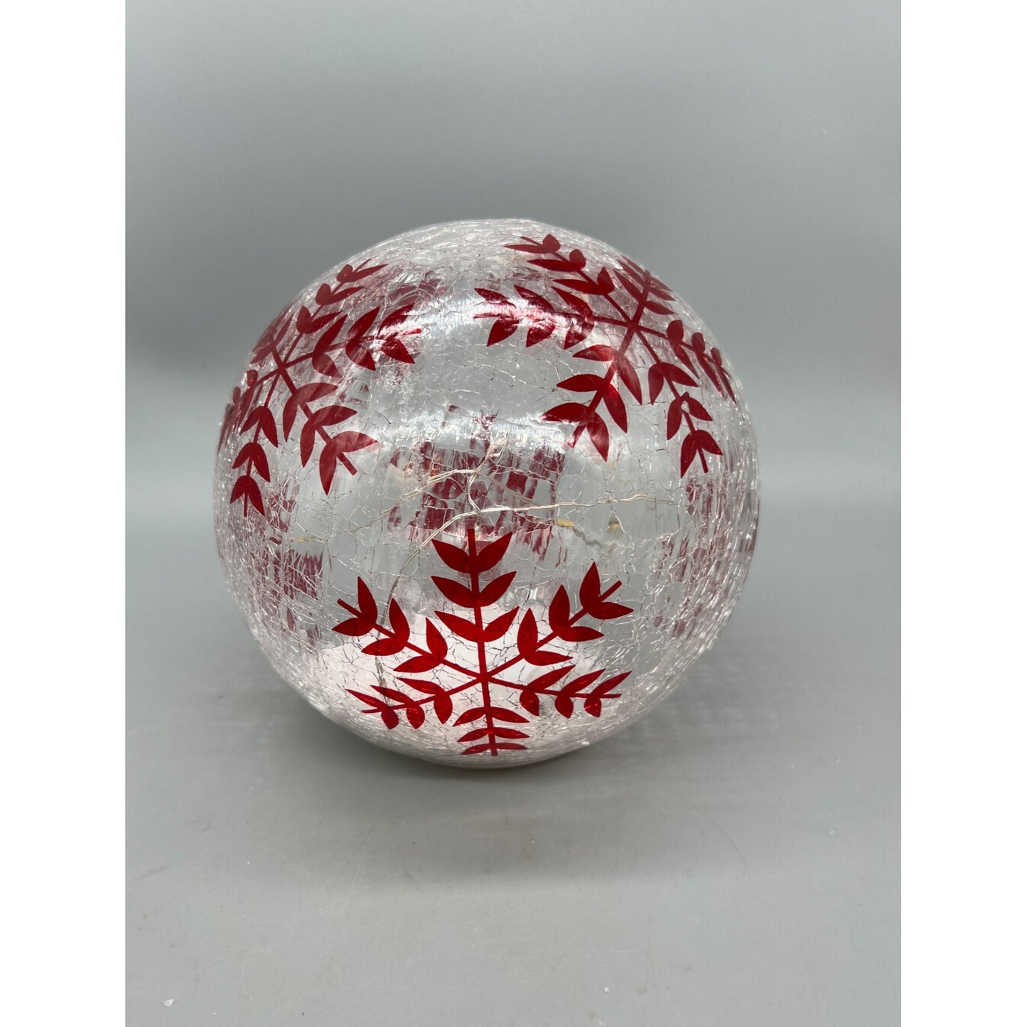 Hand Painted Crackle Glass Globe With Red Snowflake Design Decorative Light-Up Holiday Accent Piece 6.5”