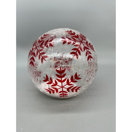 Hand Painted Crackle Glass Globe With Red Snowflake Design Decorative Light-Up Holiday Accent Piece 6.5”
