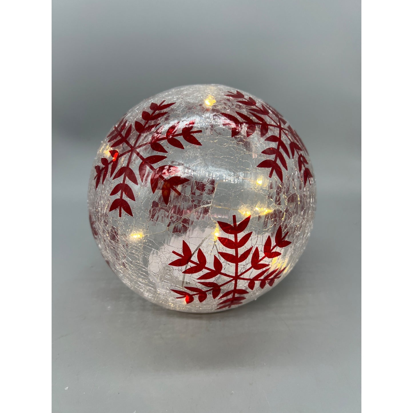 Hand Painted Crackle Glass Globe With Red Snowflake Design Decorative Light-Up Holiday Accent Piece 6.5”