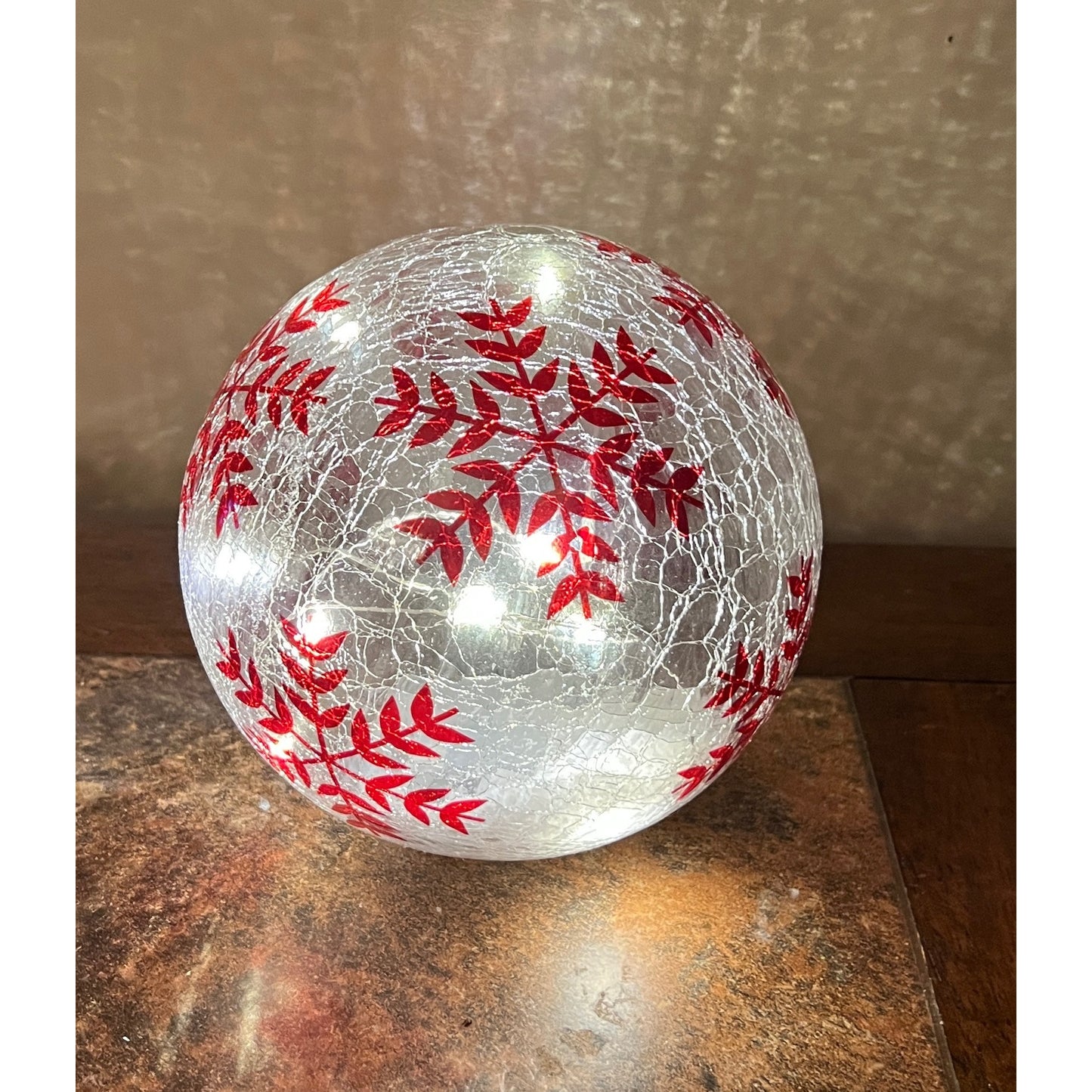Hand Painted Crackle Glass Globe With Red Snowflake Design Decorative Light-Up Holiday Accent Piece 6.5”