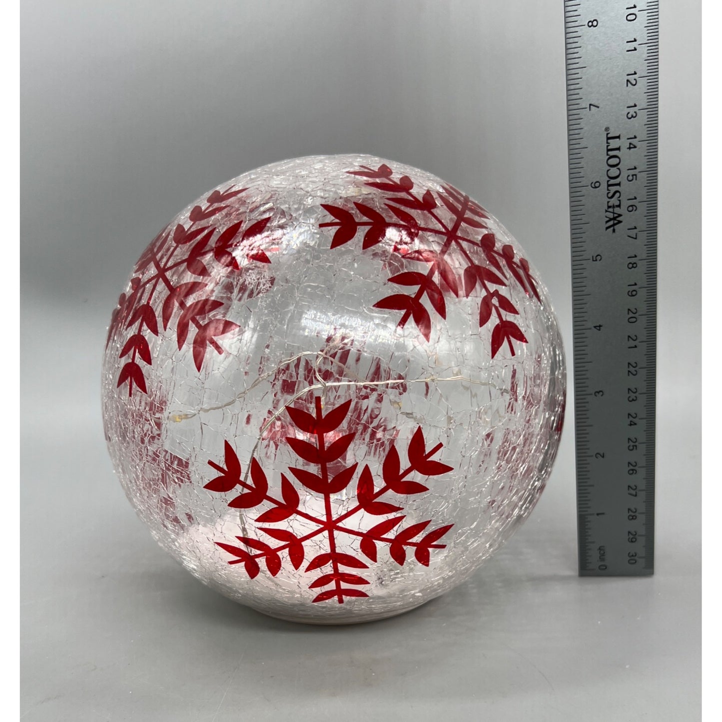 Hand Painted Crackle Glass Globe With Red Snowflake Design Decorative Light-Up Holiday Accent Piece 6.5”
