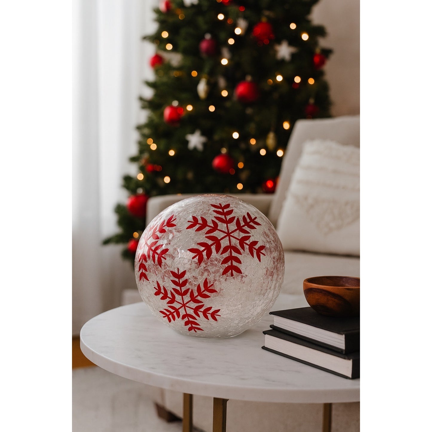 Hand Painted Crackle Glass Globe With Red Snowflake Design Decorative Light-Up Holiday Accent Piece 6.5”