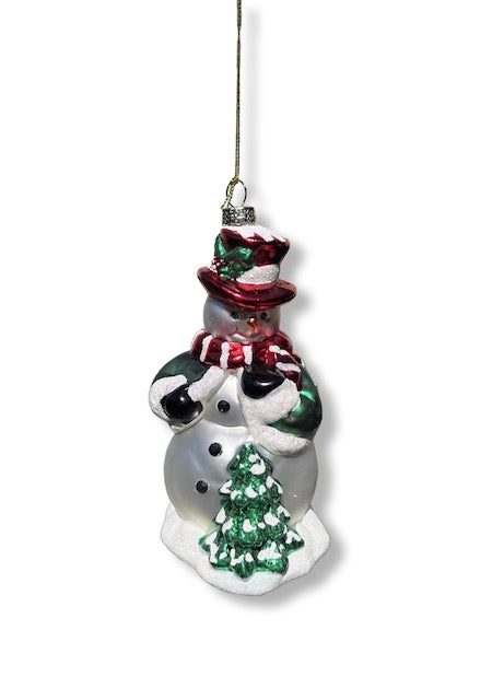 6" Glass Snowman Ornament with Christmas Tree
