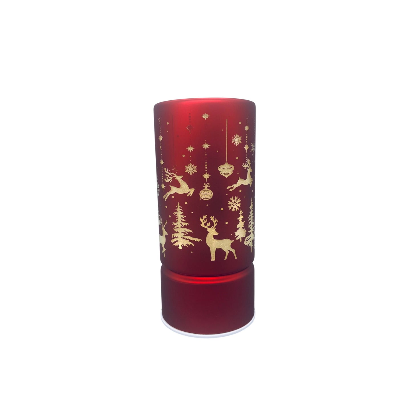 8" Rotating Red LED Laser Cut Decorative Holiday Lantern With Gold Reindeer & Snowflake Design