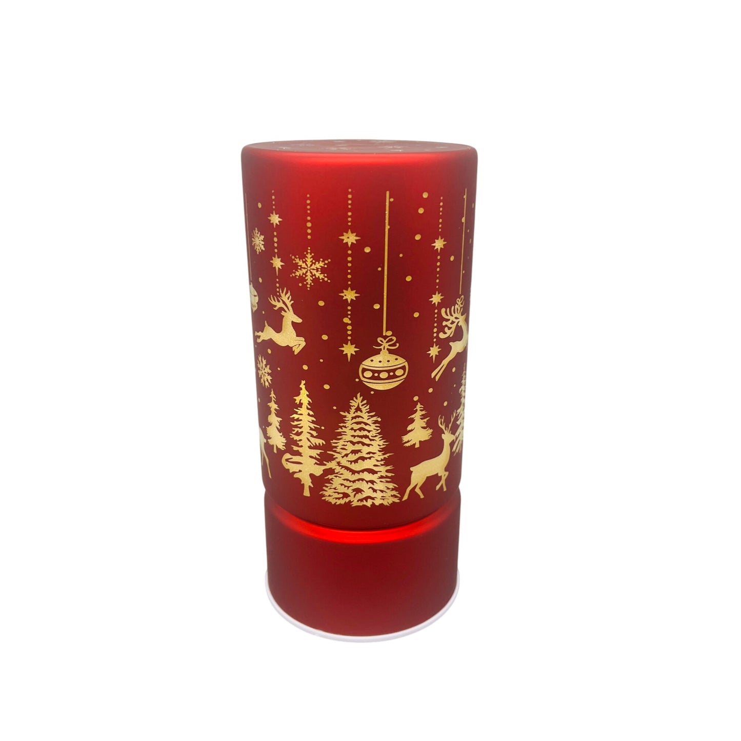 8" Rotating Red LED Laser Cut Decorative Holiday Lantern With Gold Reindeer & Snowflake Design