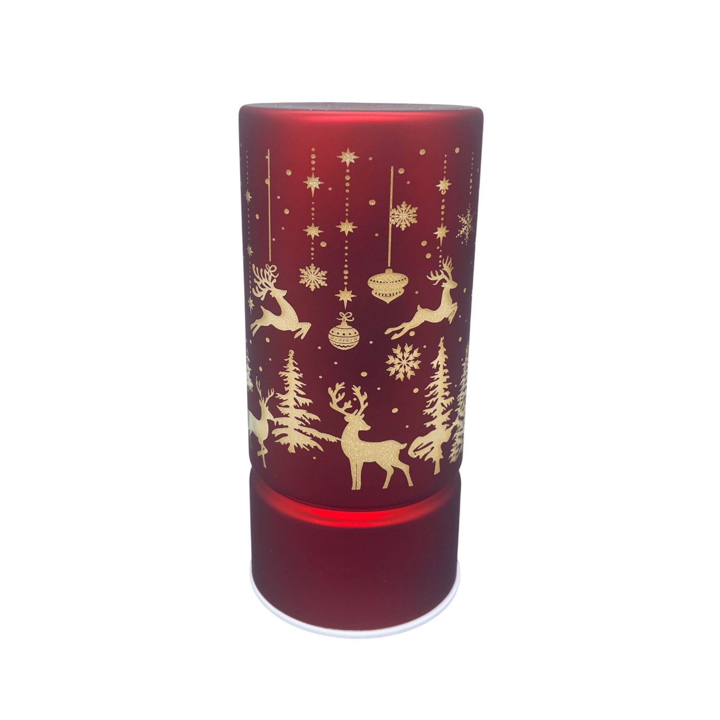 8" Rotating Red LED Laser Cut Decorative Holiday Lantern With Gold Reindeer & Snowflake Design