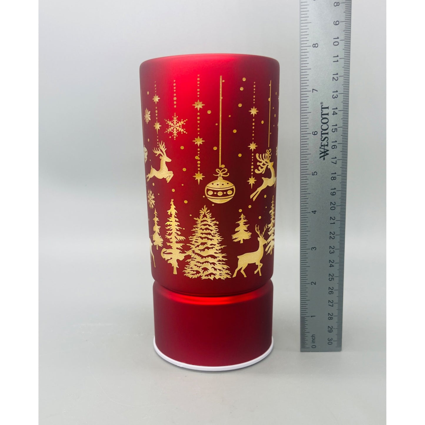 8" Rotating Red LED Laser Cut Decorative Holiday Lantern With Gold Reindeer & Snowflake Design