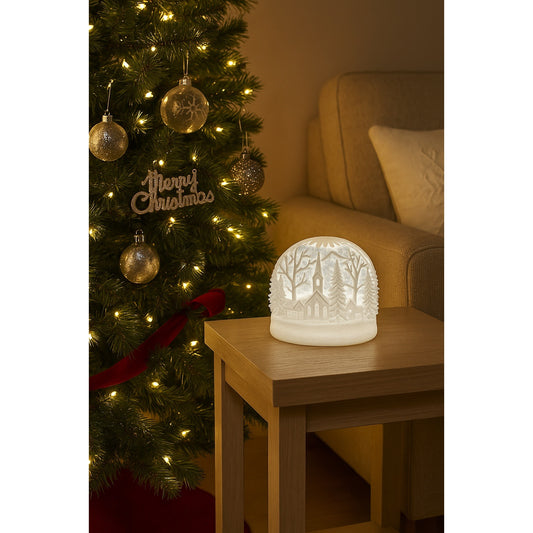 White LED Oval Acrylic Church Scene Water Spinning Snow Globe With Timer