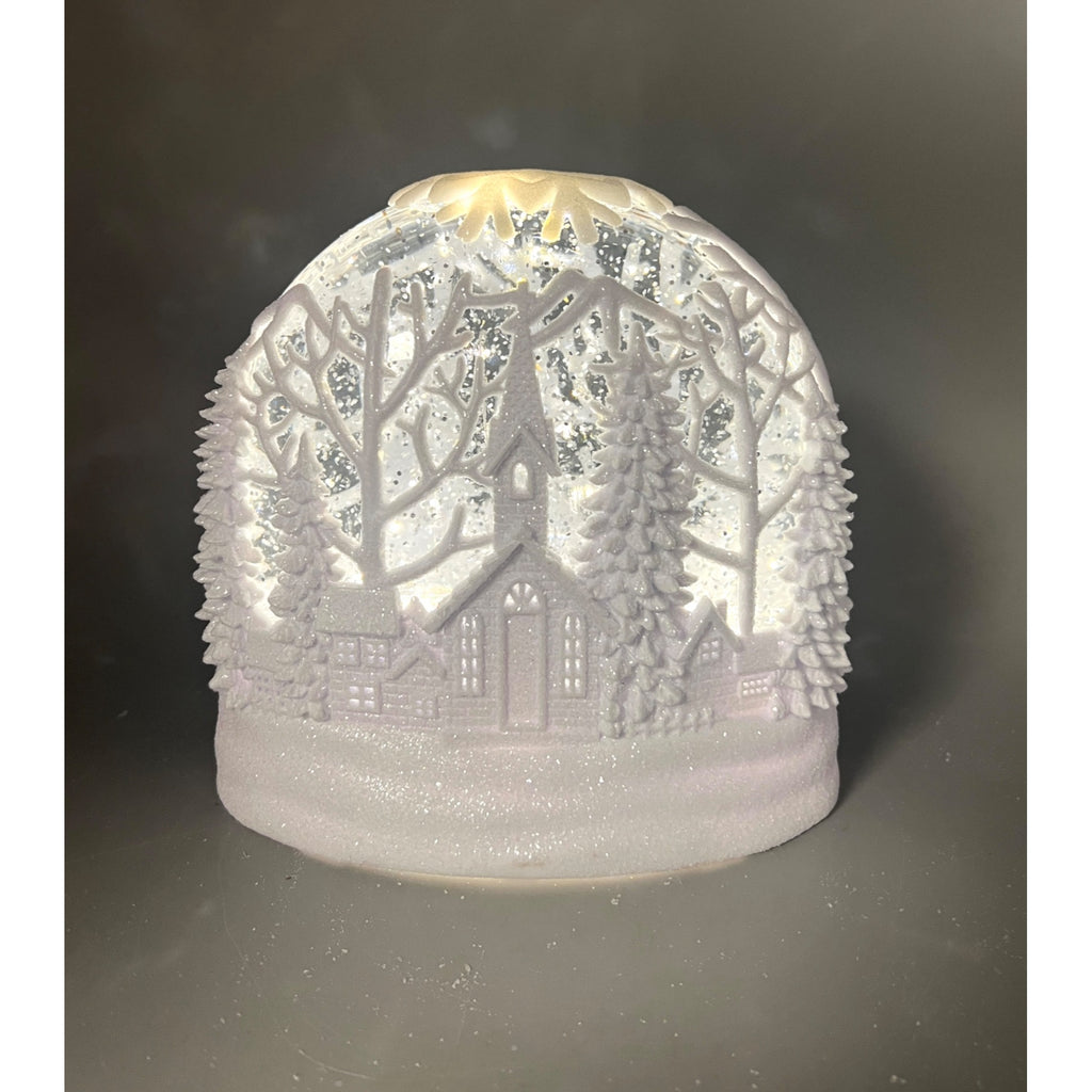 White LED Oval Acrylic Church Scene Water Spinning Snow Globe With Timer