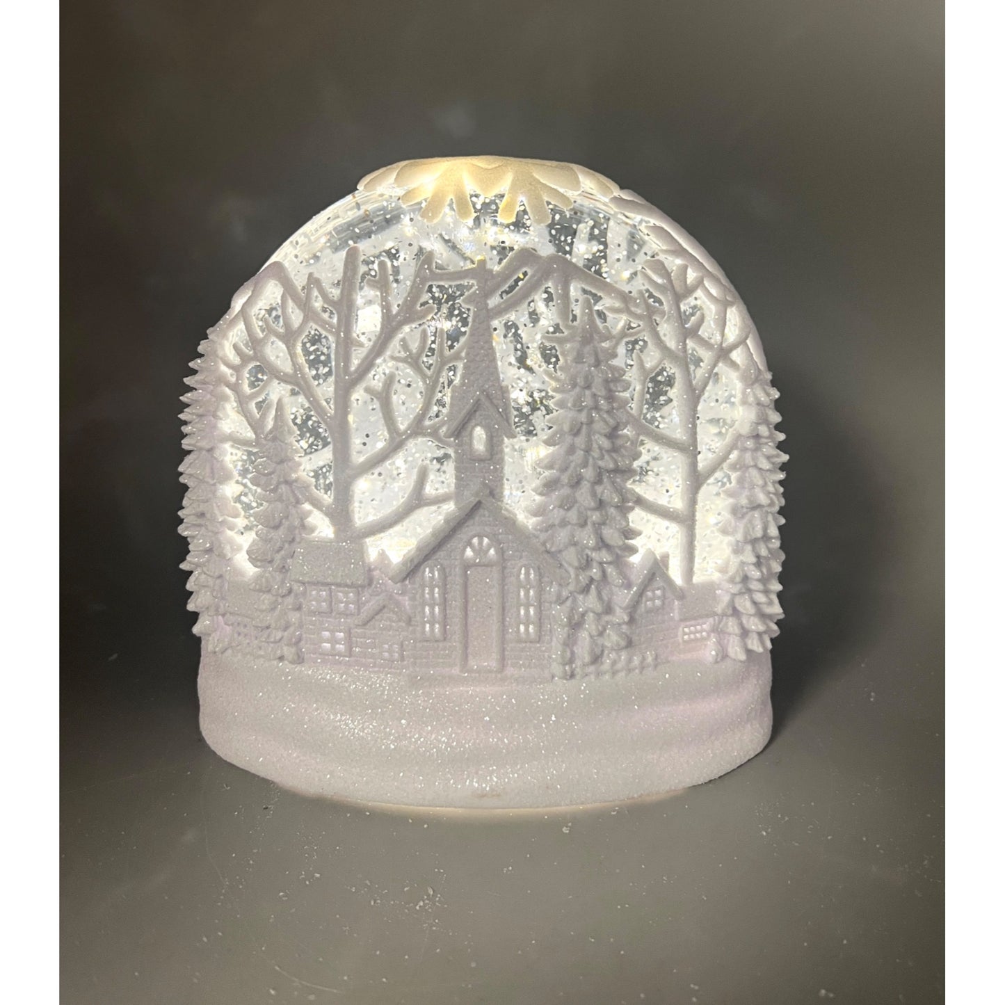 White LED Oval Acrylic Church Scene Water Spinning Snow Globe With Timer