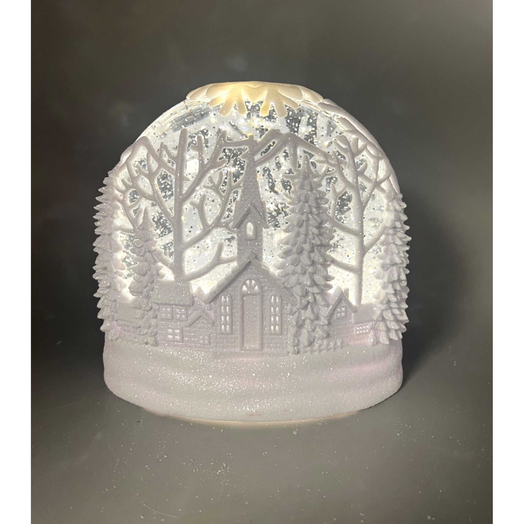 White LED Oval Acrylic Church Scene Water Spinning Snow Globe With Timer