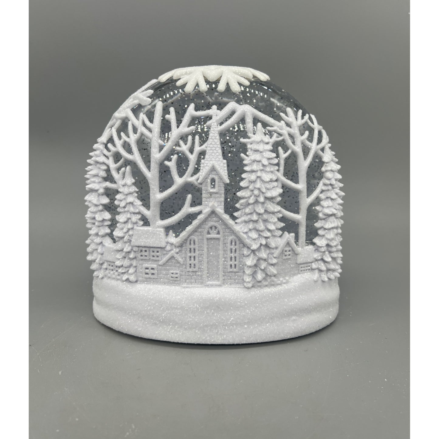 White LED Oval Acrylic Church Scene Water Spinning Snow Globe With Timer