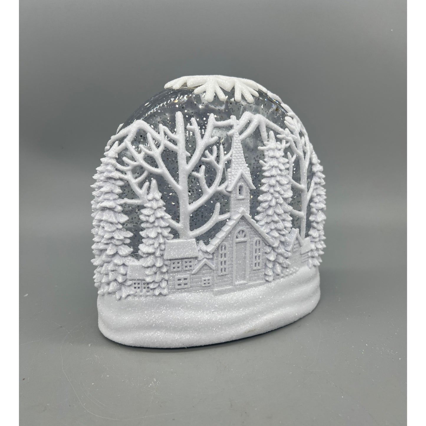 White LED Oval Acrylic Church Scene Water Spinning Snow Globe With Timer