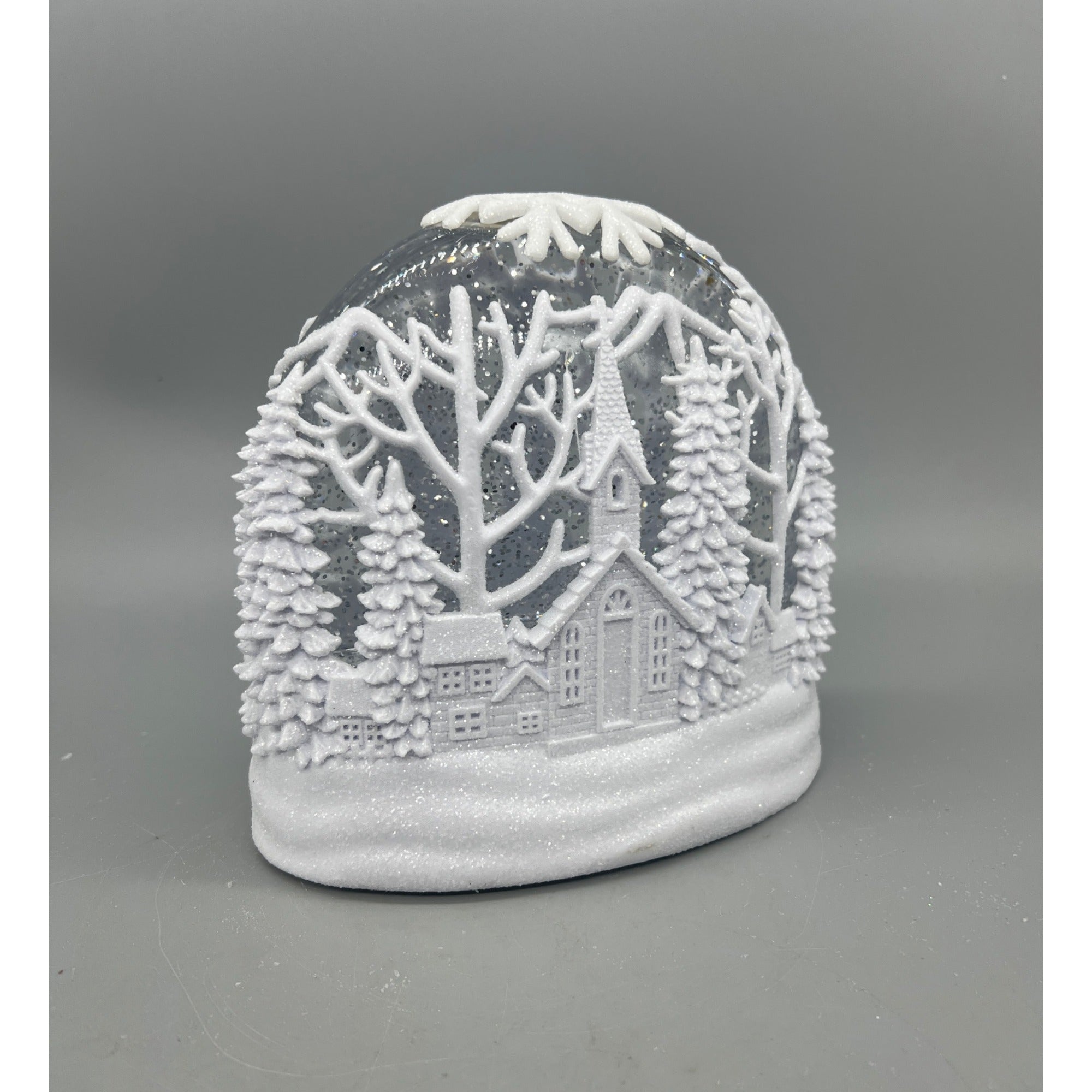 White LED Oval Acrylic Church Scene Water Spinning Snow Globe With Timer