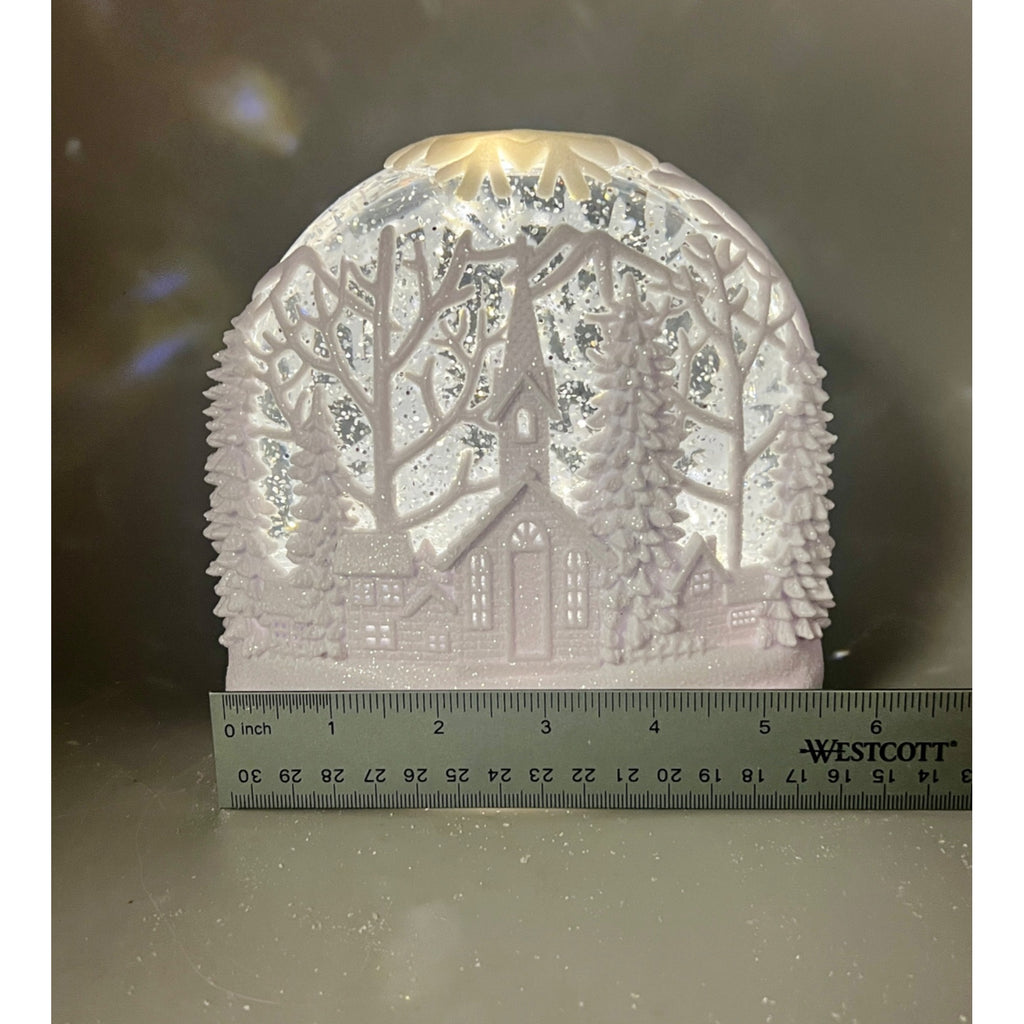 White LED Oval Acrylic Church Scene Water Spinning Snow Globe With Timer