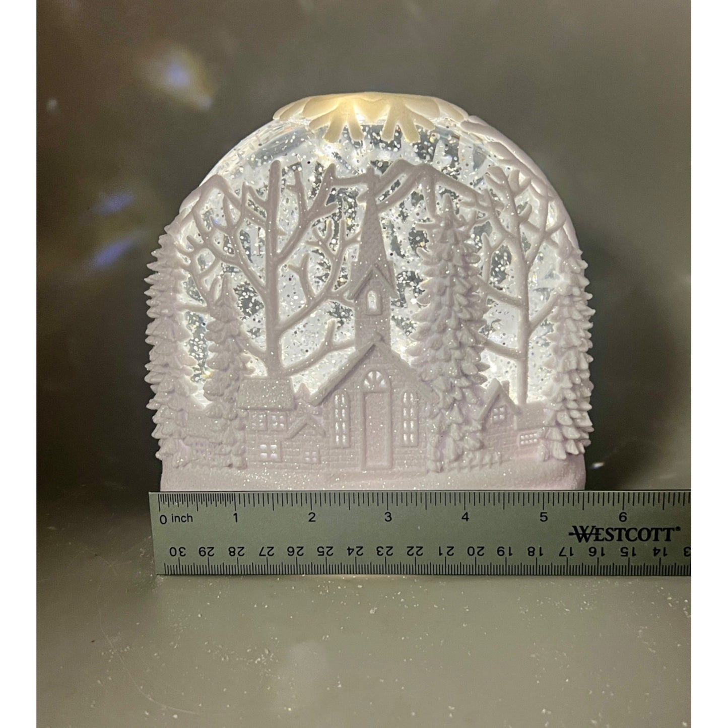 White LED Oval Acrylic Church Scene Water Spinning Snow Globe With Timer